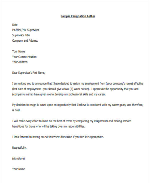 sample company resignation letter