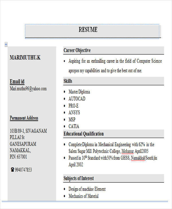 resume format pdf download for freshers