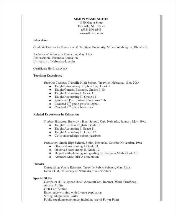 resume format in word for school teacher