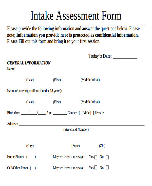 sample intake assessment form pdf