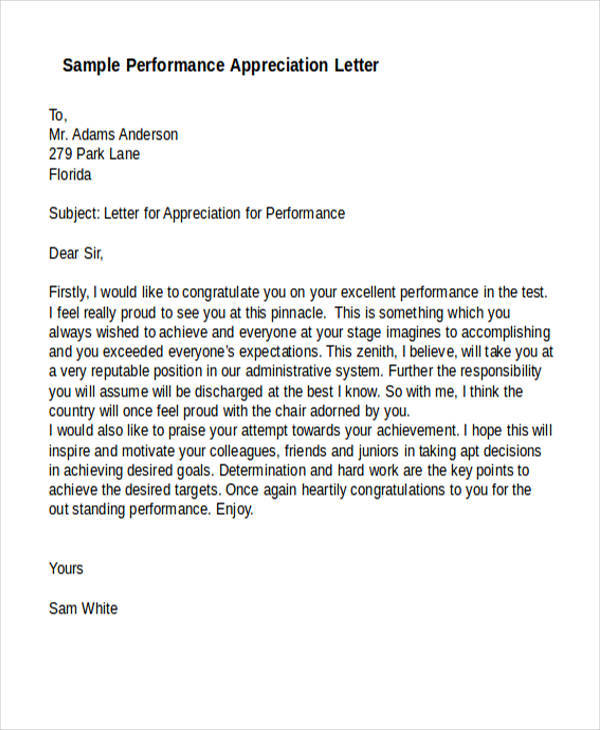 sample performance appreciation letter