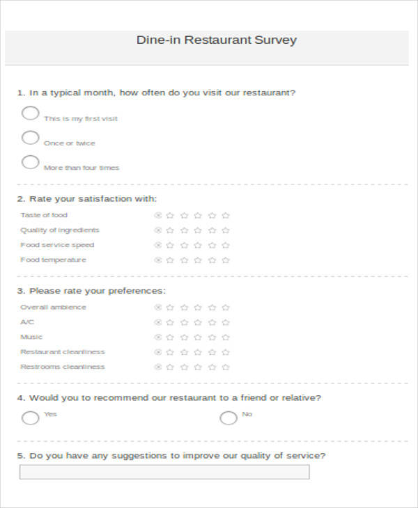 sample restaurant survey form