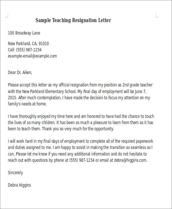 sample teaching resignation letter