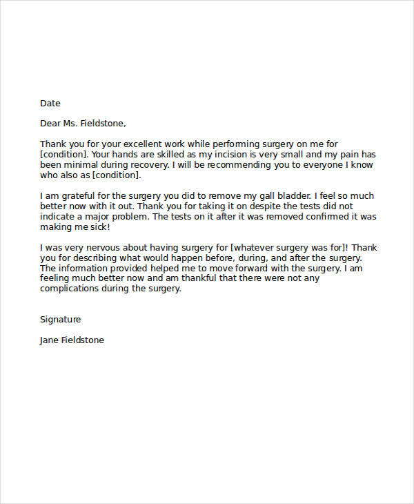 sample thank you letter to doctor after surgery