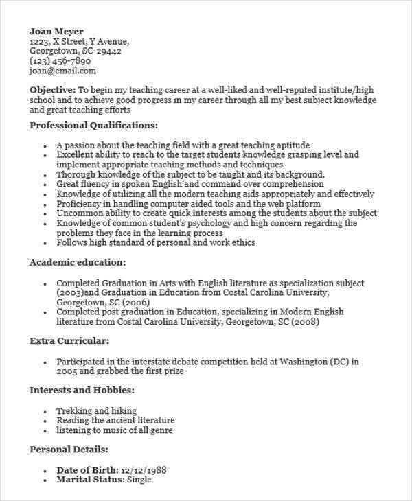 school teacher fresher resume