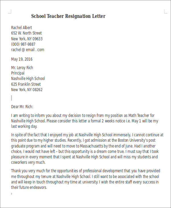 school teacher resignation letter