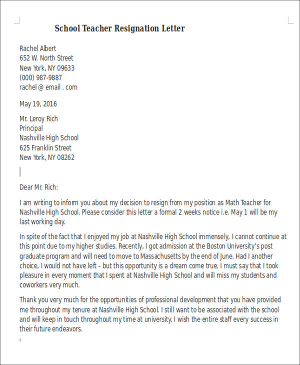 FREE 4+ Sample Teaching Resignation Letter Templates in MS Word