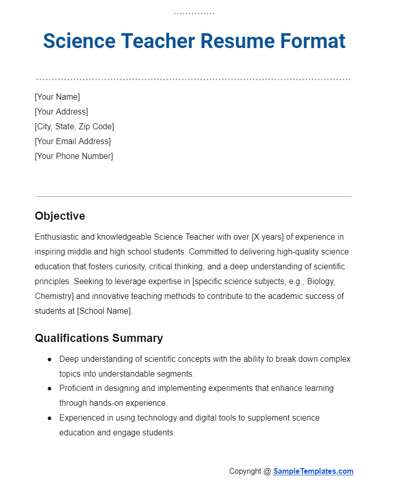 science teacher resume format