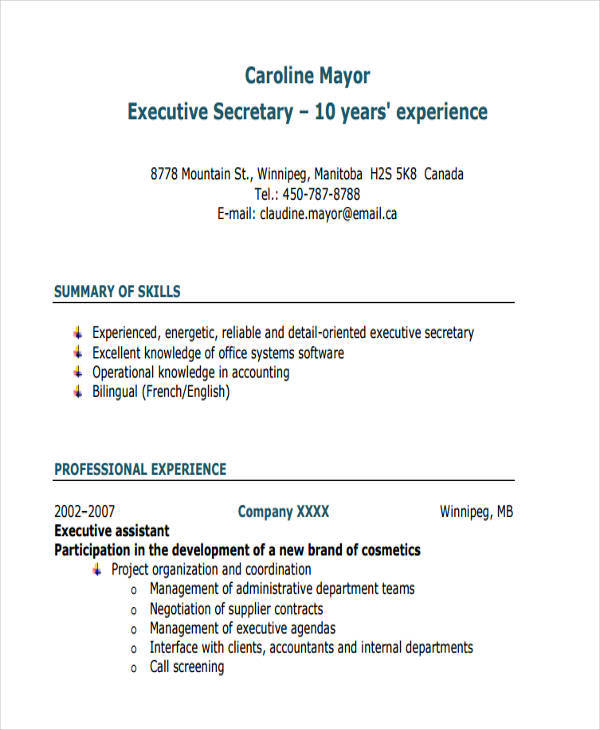 secretary resume summary