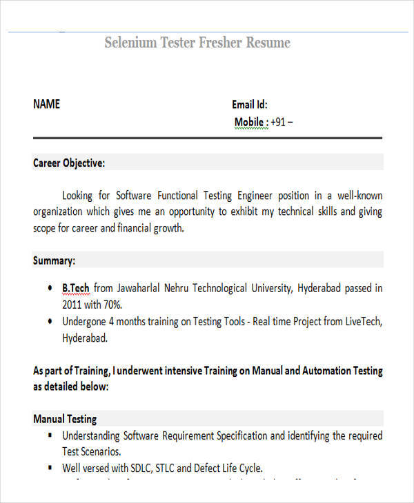 selenium tester fresher resume