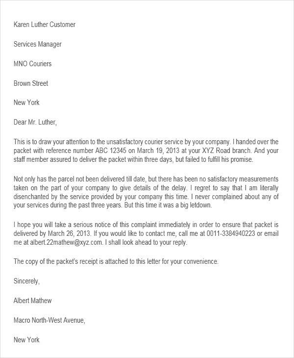 service delivery complaint letter