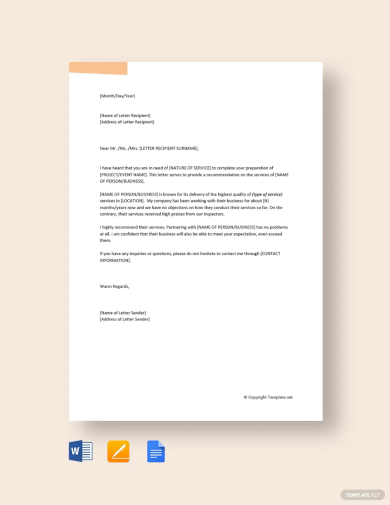 service recommendation letter template