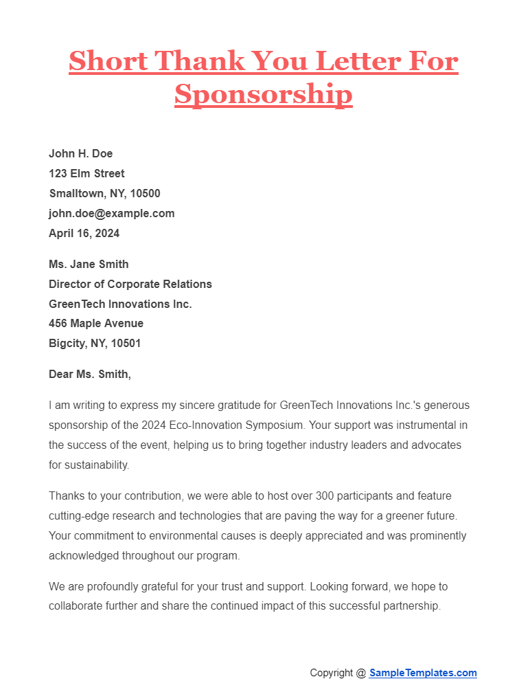 short thank you letter for sponsorship