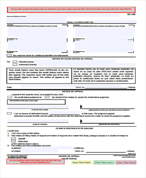 small claim appeal form