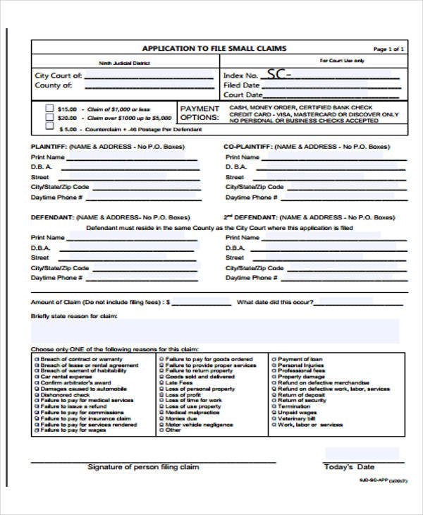 small claim application form
