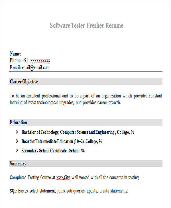 software tester fresher resume