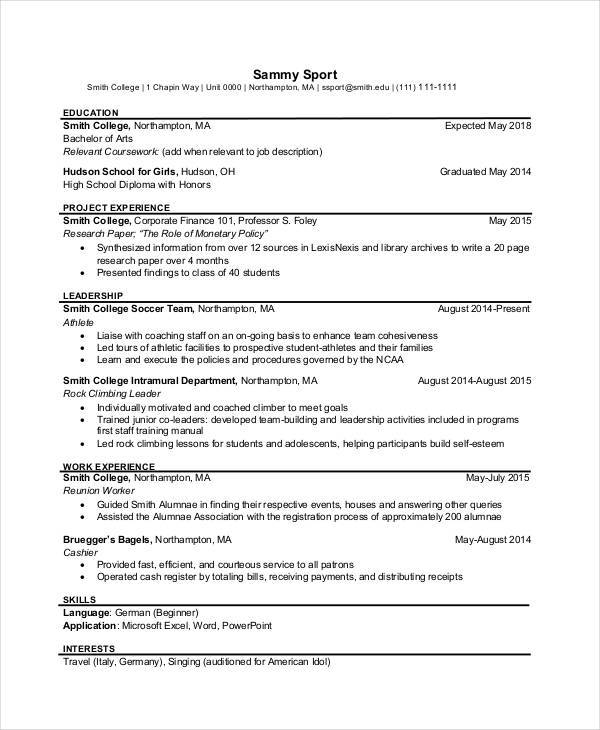standard college resume format