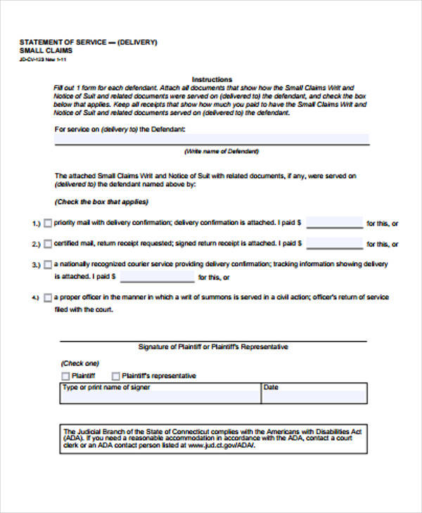 statement of small claim form