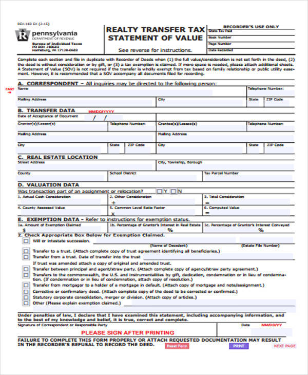 statement of value claim form