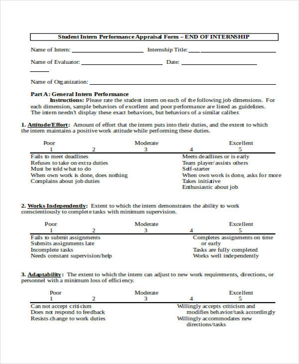 student intern performance appraisal form