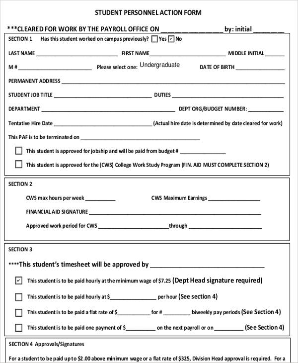 student personnel action form