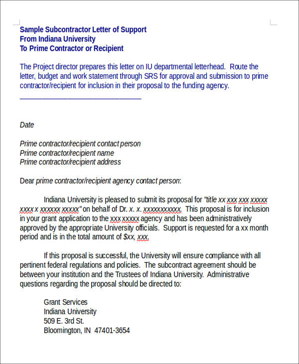 subcontractor letter of support
