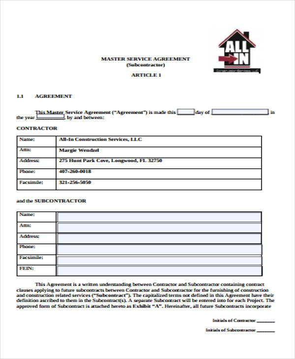 subcontractor service agreement example