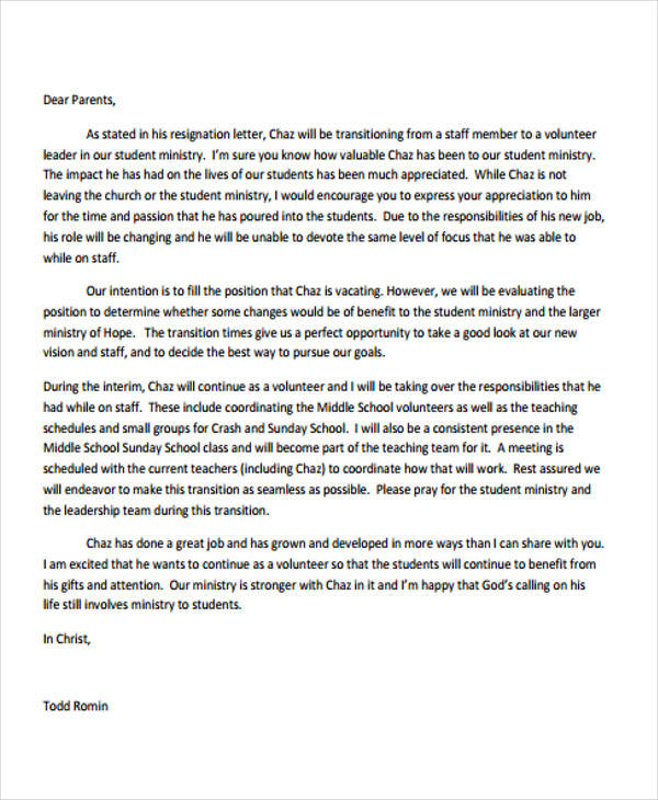 sunday school resignation letter