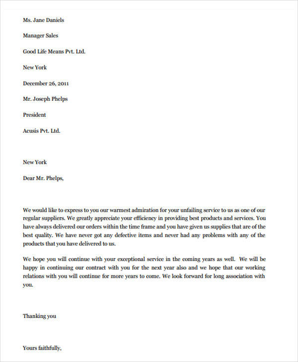 Performance Letter Of Appreciation Sample Master Of Template Document