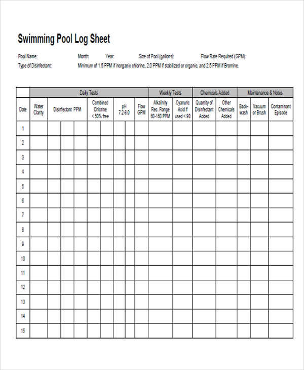 swimming pool log sheet