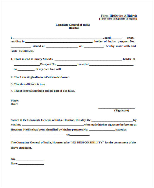 sworn affidavit form sample