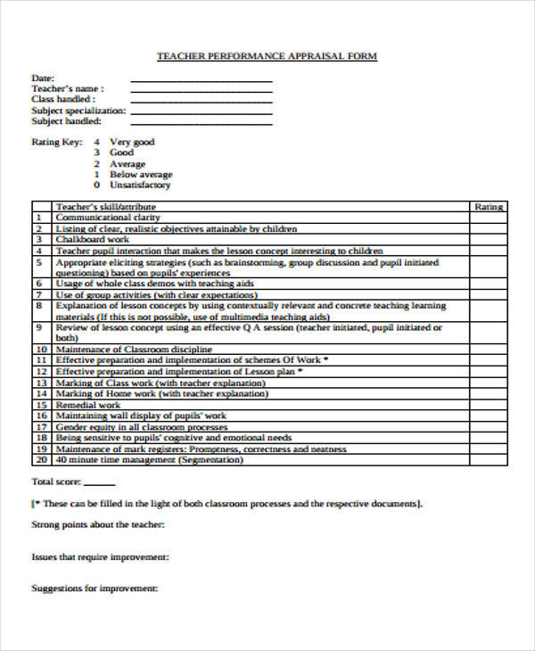 teacher appraisal form sample