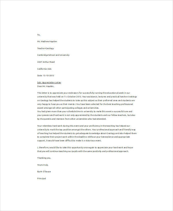 teacher appreciation letter to principal