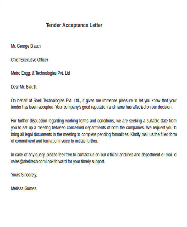 tender acceptance letter