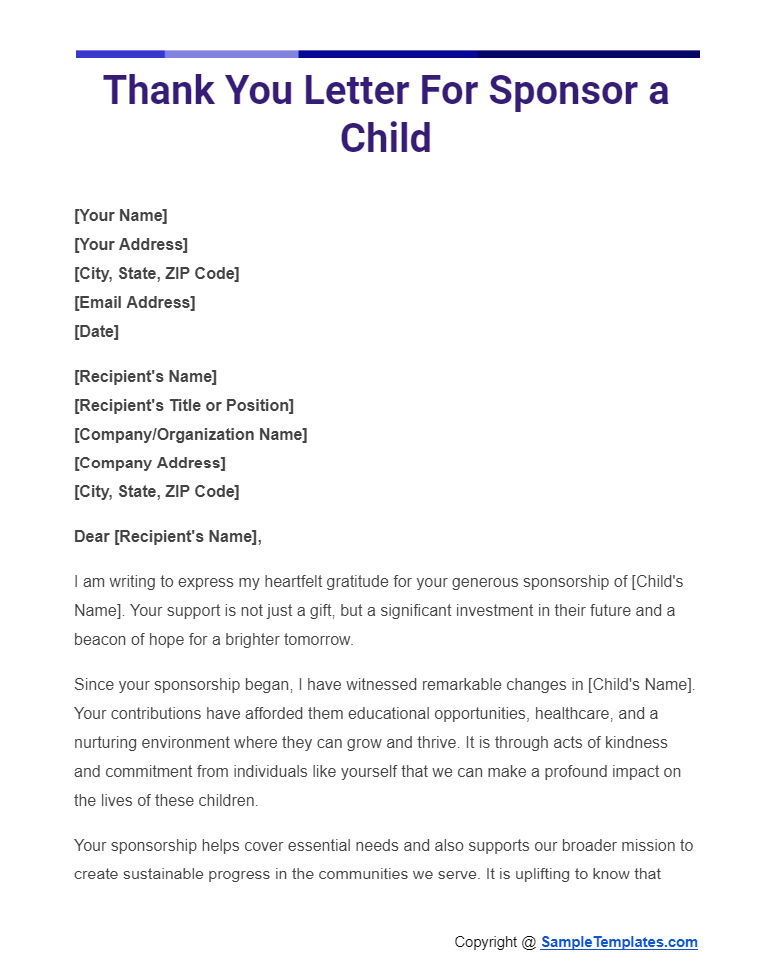 thank you letter for sponsor a child