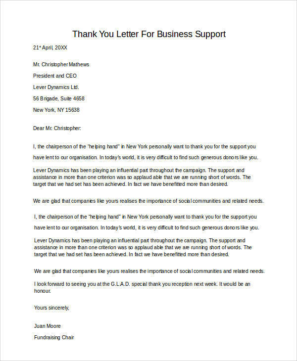 thank you letter for business support