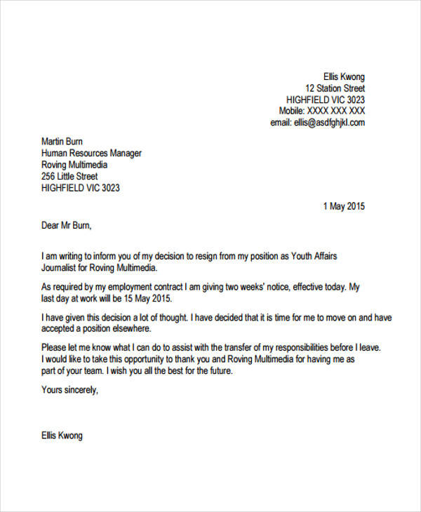 thank you resignation letter example