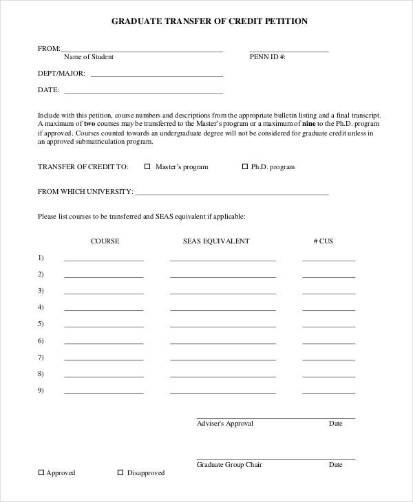 transfer of credit petition