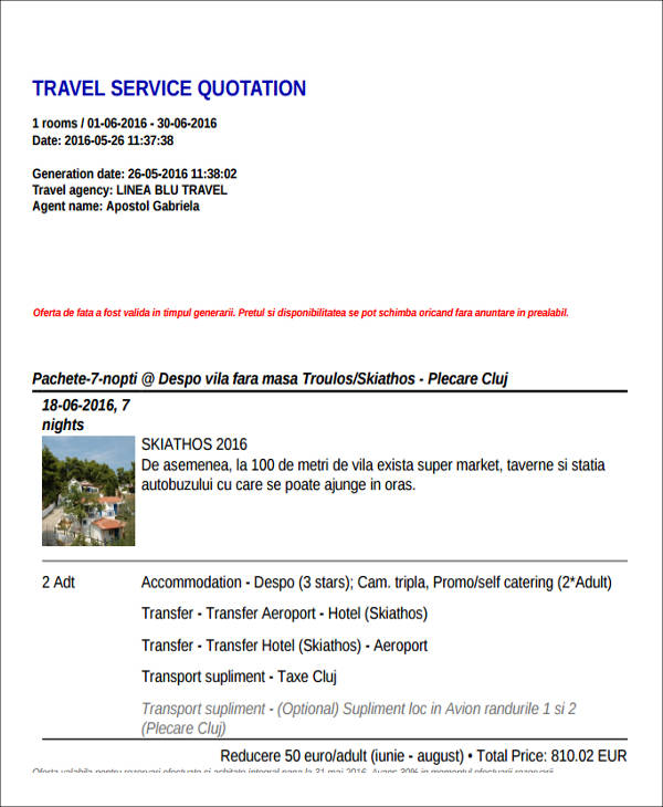 travel service quotation