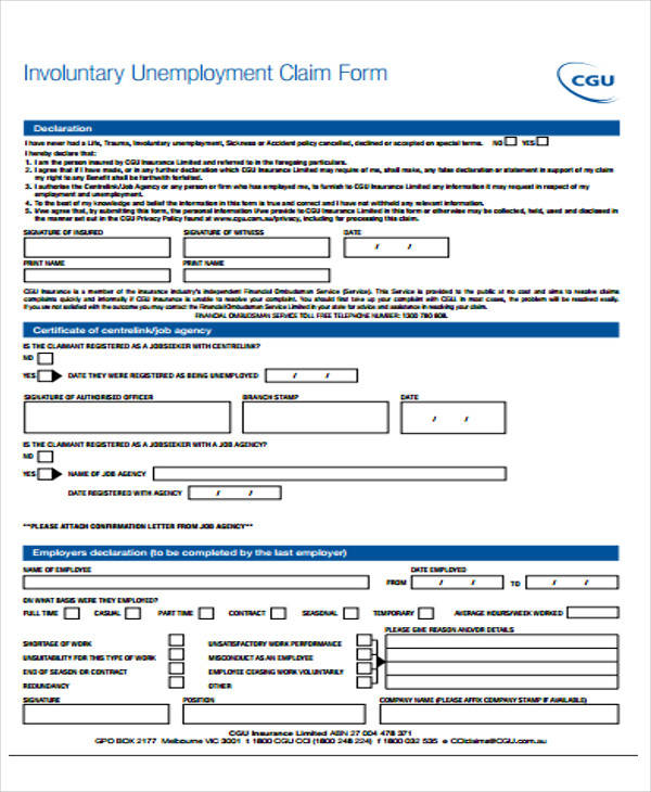 unemployment claim form sample