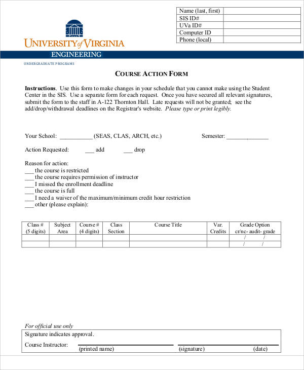 university course action form