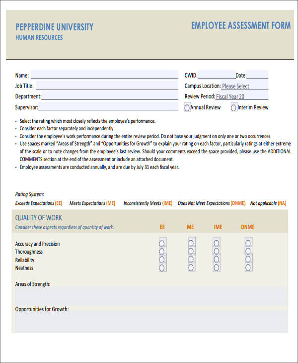 university employee assessment form