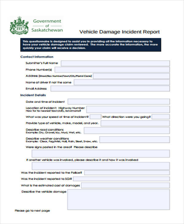 vehicle damage incident report