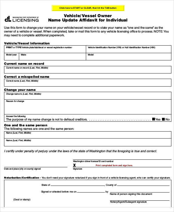 vehicle name affidavit form