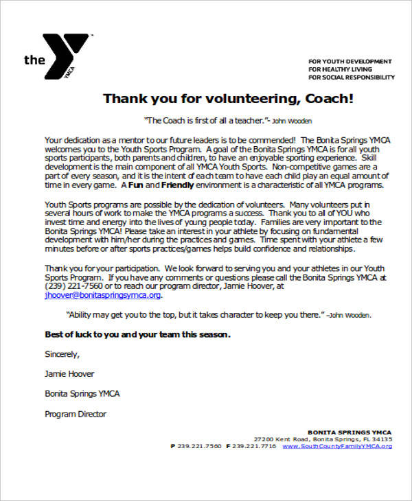 volunteer coach thank you letter