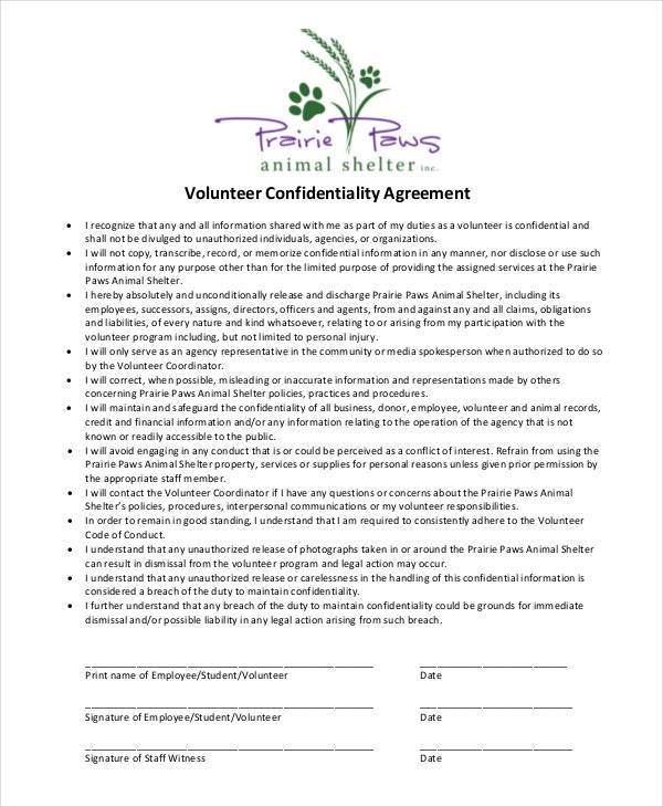 volunteer confidentiality agreement for business