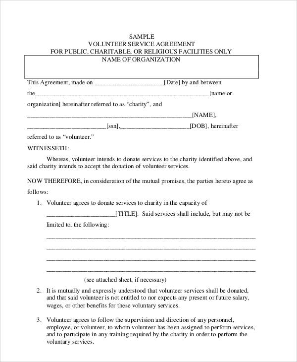 volunteer services agreement form