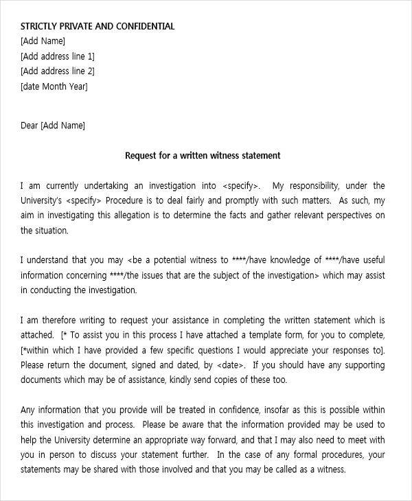 written witness statement example letter