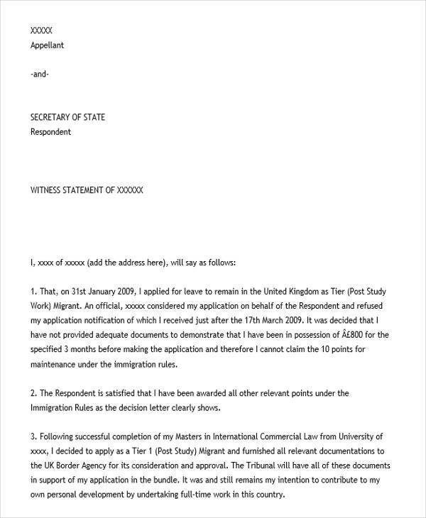 written witness statement example letter