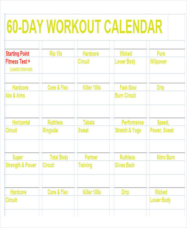 60 days workout calendar